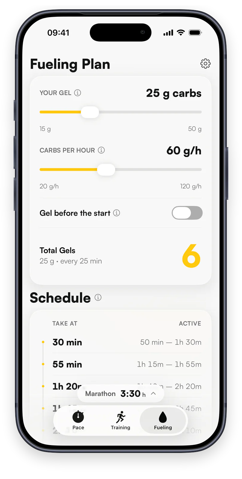 GoalPace Fueling tab: a gel schedule timed to the race, with the take-at and active window for each gel.