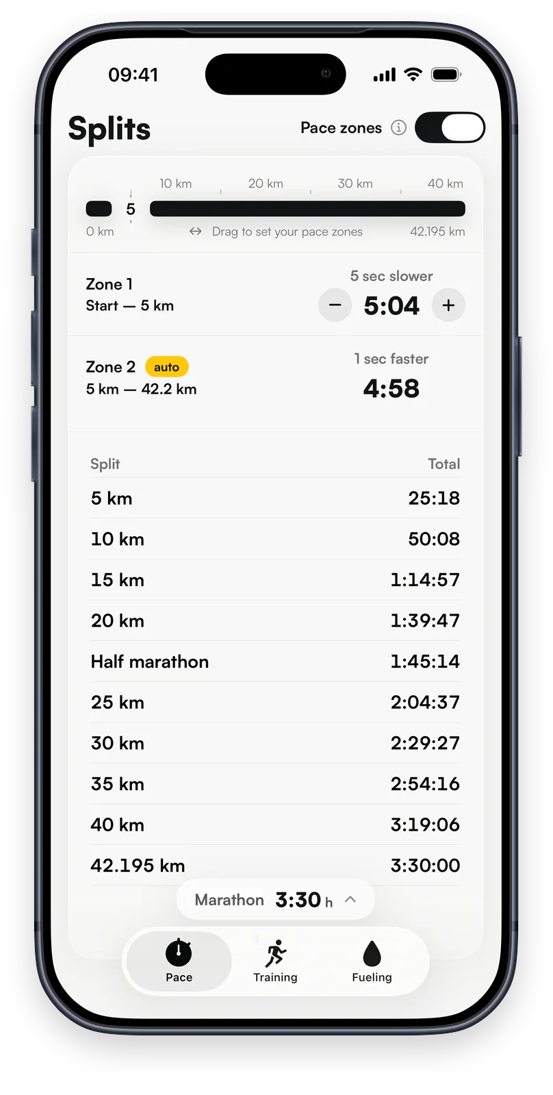 GoalPace Pace tab: split times to 3:30:00 for a marathon, with a two-zone plan opening 5 sec/km slower for the first 5 km.
