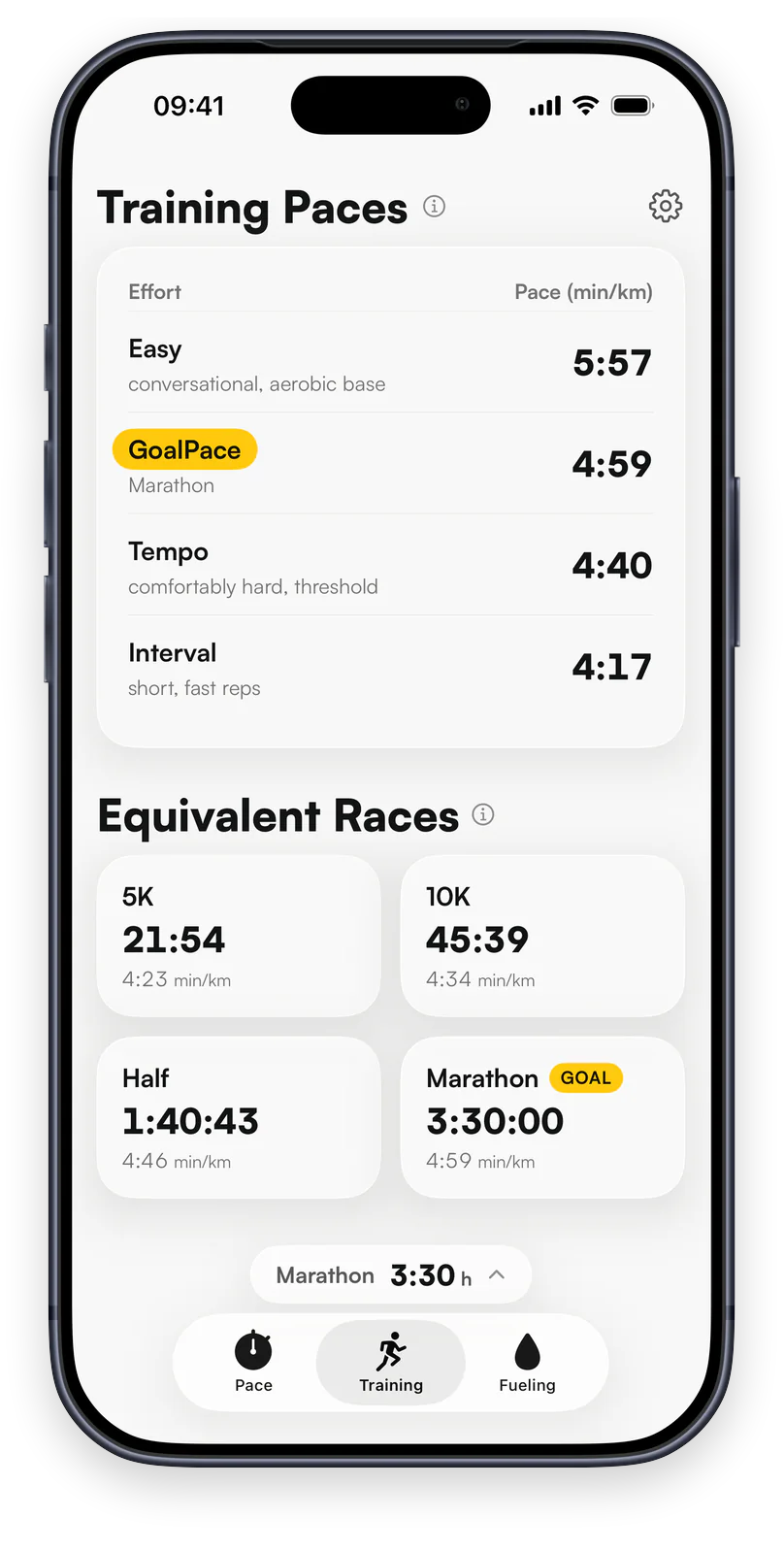 GoalPace Training tab: easy, tempo and interval paces around a 4:59 min/km GoalPace, and equivalent times at 5K, 10K and half.